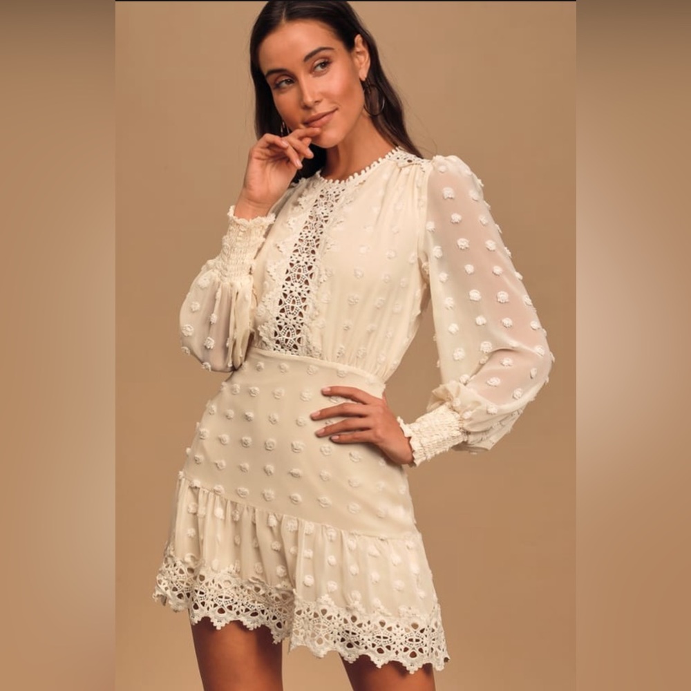 Lulu’s Cream Embroidered Lace Dress Sz M